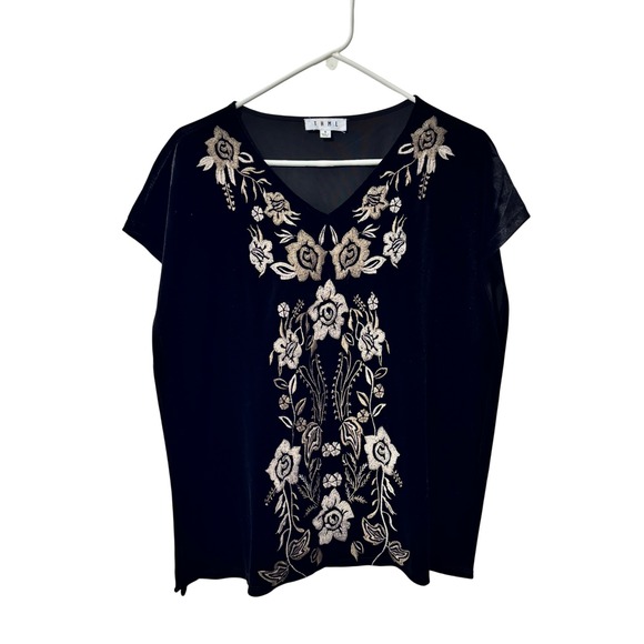 THML Tops - THML Black Velvet Floral Embroidered V-Neck Short Sleeve Top Bohemian Small